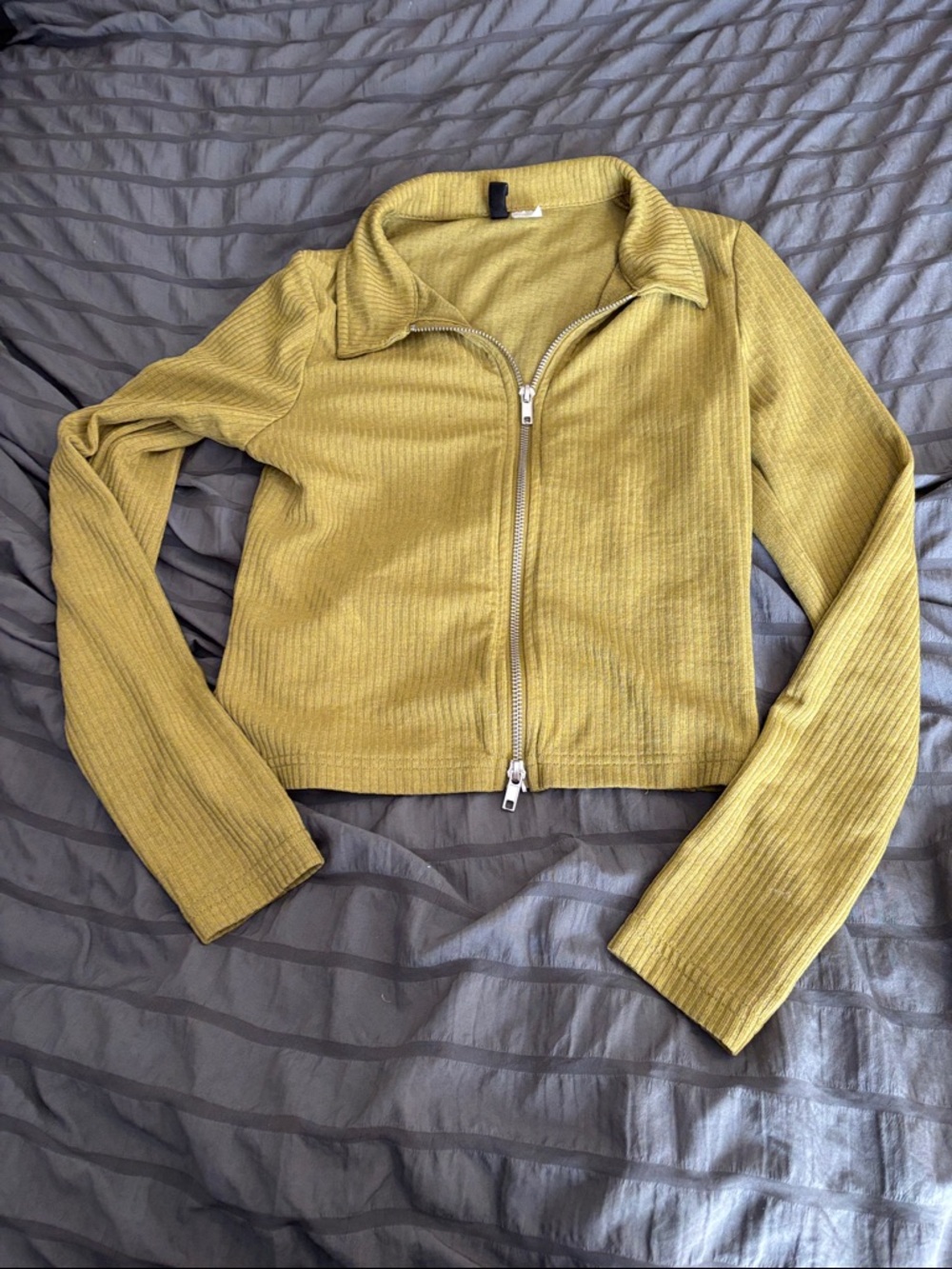 Divided Olive Green Ribbed Zip-Front Long Sleeve Top